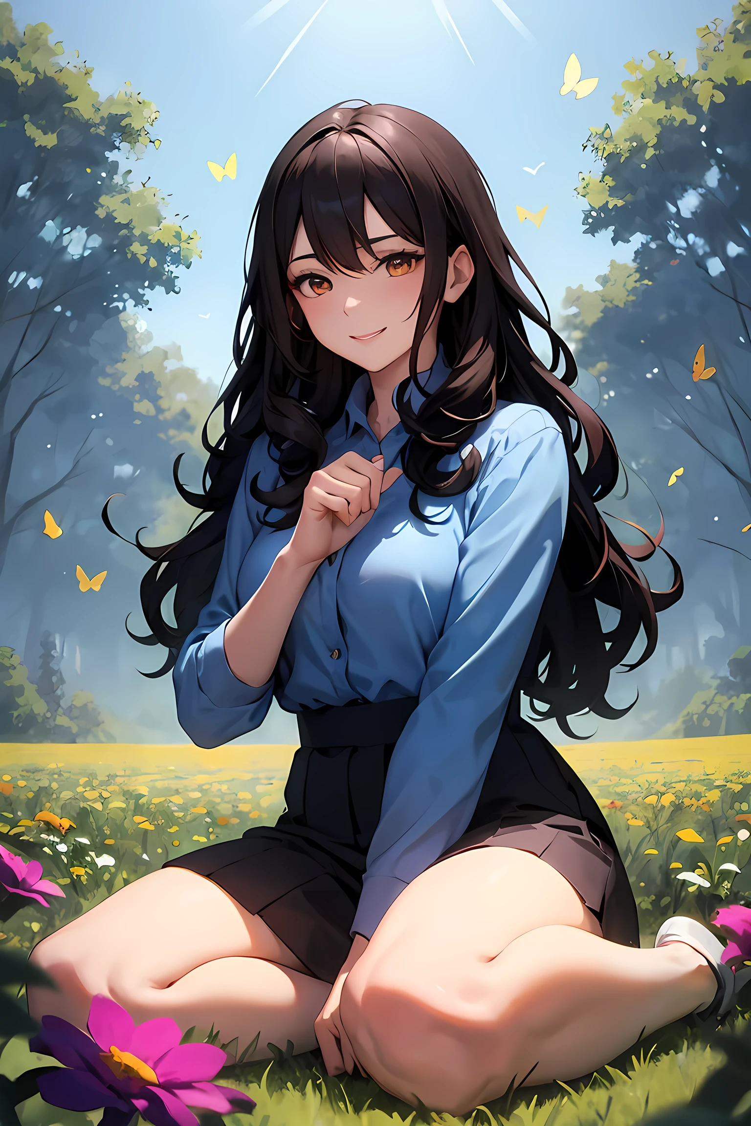 Masterpiece, best quality, Front view, happy stunning woman with curly long dark hair, wearing blue clothes sit in a beautiful field of flowers, colorful flowers everywhere, some blue and orange butterflies, perfect lighting