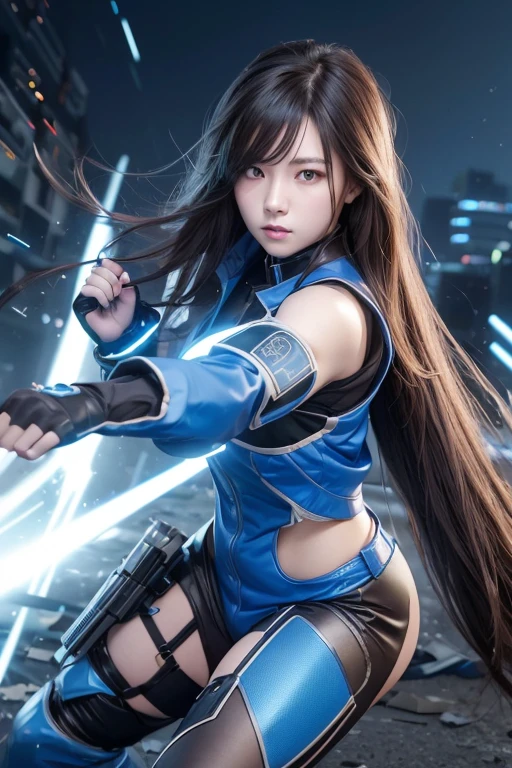 High resolution、8k、Digital Cyberpunk Art、Brown medium-long hair、(Wearing a blue powered suit with white LED lights)、(Stand on a devastated battlefield)、Japanese Girls、(fighting stance)
