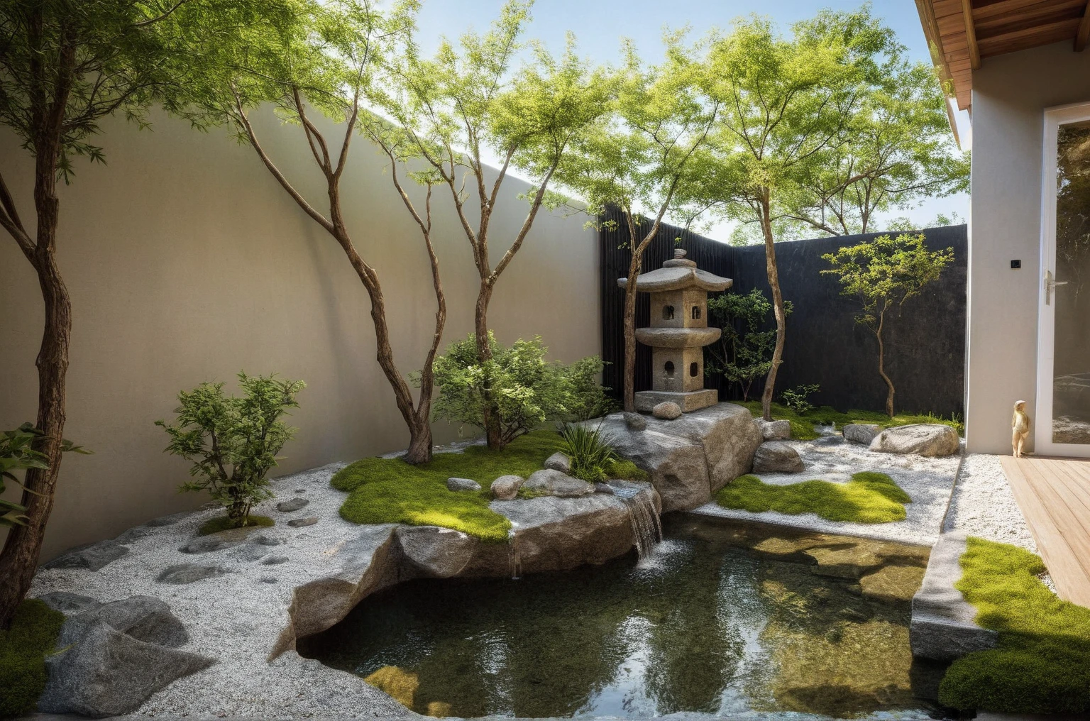 (Wabisabi style:1.2), The garden and wall are planted with pine trees, pine trees, peach trees, and apricot trees. There are many types of shrubs to choose from for inclusion in Japanese garden design such as sycamore, laurel, apricot, sanh, and sapphire. Domestic plants are mainly lotus and aquatic plants such as water bamboo and betel nut. Artistic penjing trees are also integrated into rockeries and rugged rocks like cliffs, white concrete fence, A pond surrounded by a Japanese garden with shrubs, rocks, and trees and a fish tank in the garden, (architectural design visualization), (neutral natural lighting), (reflection), (focus on object), (material normal bump real reflection), (scattered light), (light ray), (multi-beam light), (sunbeam) (multi-level reflection), (chao vantage software visualization render),(((Best Quality))), ((Masterpiece)), ((best illustration)), ((best shadows)), ((Super Detail)), (Intricate lines), (Photorealism),(hyper detail), ((archdaily)), ((award winning design)), (dynamic light), spotlight, (perfect light), (shimering light), ((photorealistic)), ((intricate detail)), ((extreme detail)), ((crazy detail)), ((octane render)), ((trending on artstation)), ((High-fidelity)), ((Viwvid)), ((Crisp)), ((Bright)), ((Stunning)), ((Eye-catching)), ((High-quality)),((Sharp))((Bright)), ((Stunning)), ((Eye-catching)), ((Illuminating)), ((Flawless)), ((High-quality)),((Sharp edge render)), ((medium soft lighting)), ((photographic render)), ((detailed archviz)), ((reality environment))