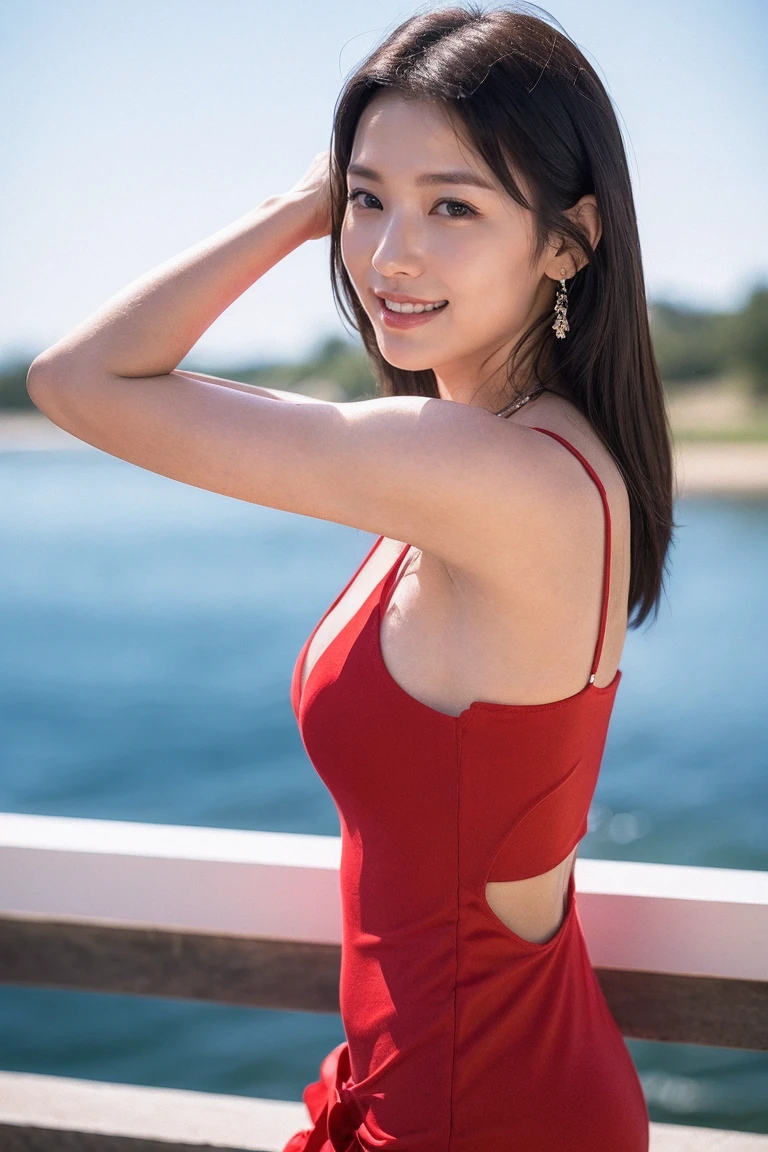 Raw photo, (Polaroid photo, A photo that looks like it was taken with a Polaroid camera:1.1),One girl photo, (((Sexy pose))),(Wearing a red dress, はにかんだsmile, Sky Porn, smile, Sleeveless,:1.3),Stand and stare at Kubrick, Dripping Sweat, Shining sunlight, Day Light, (CMYK Hair, Layered Hair:1.36), Front view, Glowing Skin (Jewelry store :1.4), summer,Natural skin texture, Hyperrealism, Ticker, Hyper Details, Raw photo,Realistic, highest quality, High resolution, reality, 8K, Caustics, Dynamic Light, Beautiful and delicate lips, Delicate fingers, Detailed pupil, Real human skin,