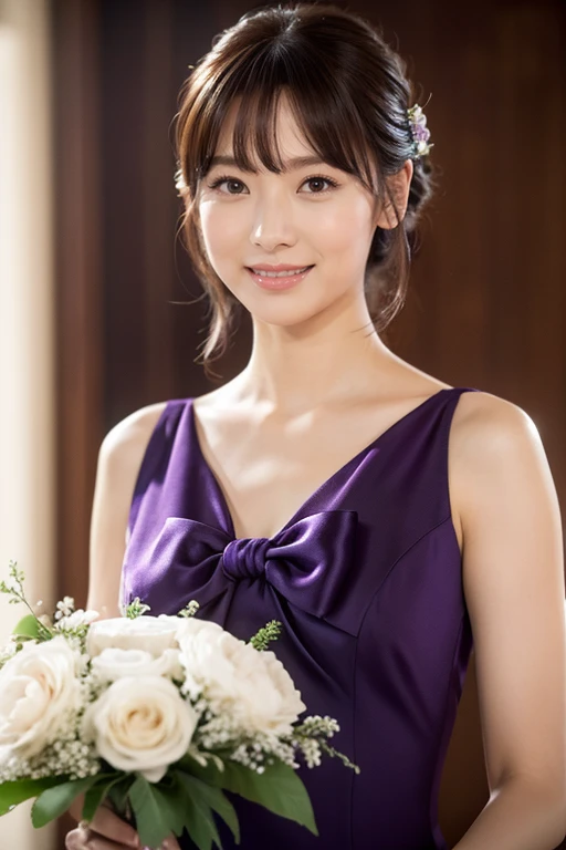 Medium display, Medium Shot, Written boundary depth, bust, Upper Body, Movie angle, masterpiece, highest quality, Very detailed, CG, 8k wallpaper, Beautiful Face, Delicate eyes, Otome, alone, smile, bangs, have,Purple Dress, bow, petal, bouquet