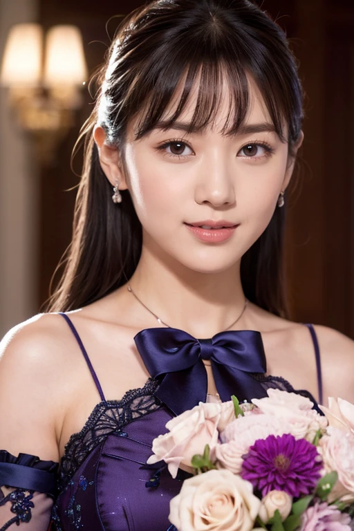 Medium display, Medium Shot, Written boundary depth, bust, Upper Body, Movie angle, masterpiece, highest quality, Very detailed, CG, 8k wallpaper, Beautiful Face, Delicate eyes, Otome, alone, smile, bangs, have,Purple Dress, bow, petal, bouquet