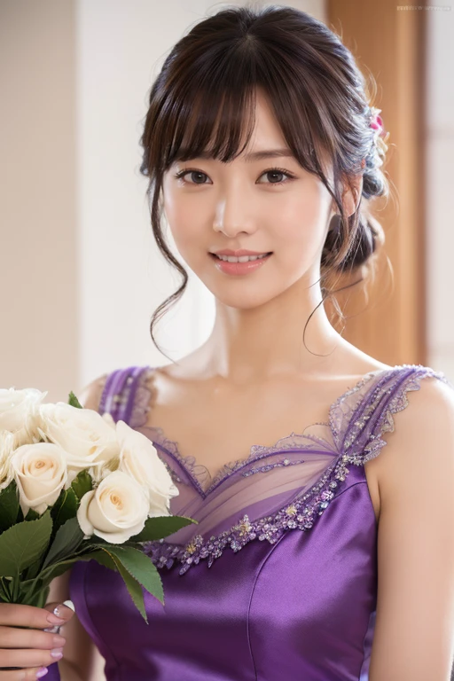 Medium display, Medium Shot, Written boundary depth, bust, Upper Body, Movie angle, masterpiece, highest quality, Very detailed, CG, 8k wallpaper, Beautiful Face, Delicate eyes, Otome, alone, smile, bangs, have,Purple Dress, bow, petal, bouquet