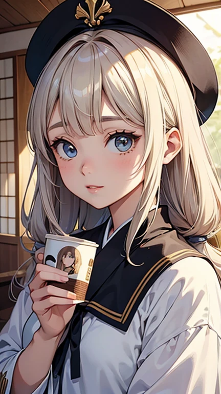 there is a young woman holding a cup of coffee in her hand, garota cara fofa, rosto de anime natural fofo, com cara fofa - linda, Sakimi-chan, Chiho, Yoshitomo Nara, jovem rosto bonito, lindo rosto de garotas japonesas, cabelos castanhos e olhos grandes, linda garota kawaii, lindos olhos grandes e claros