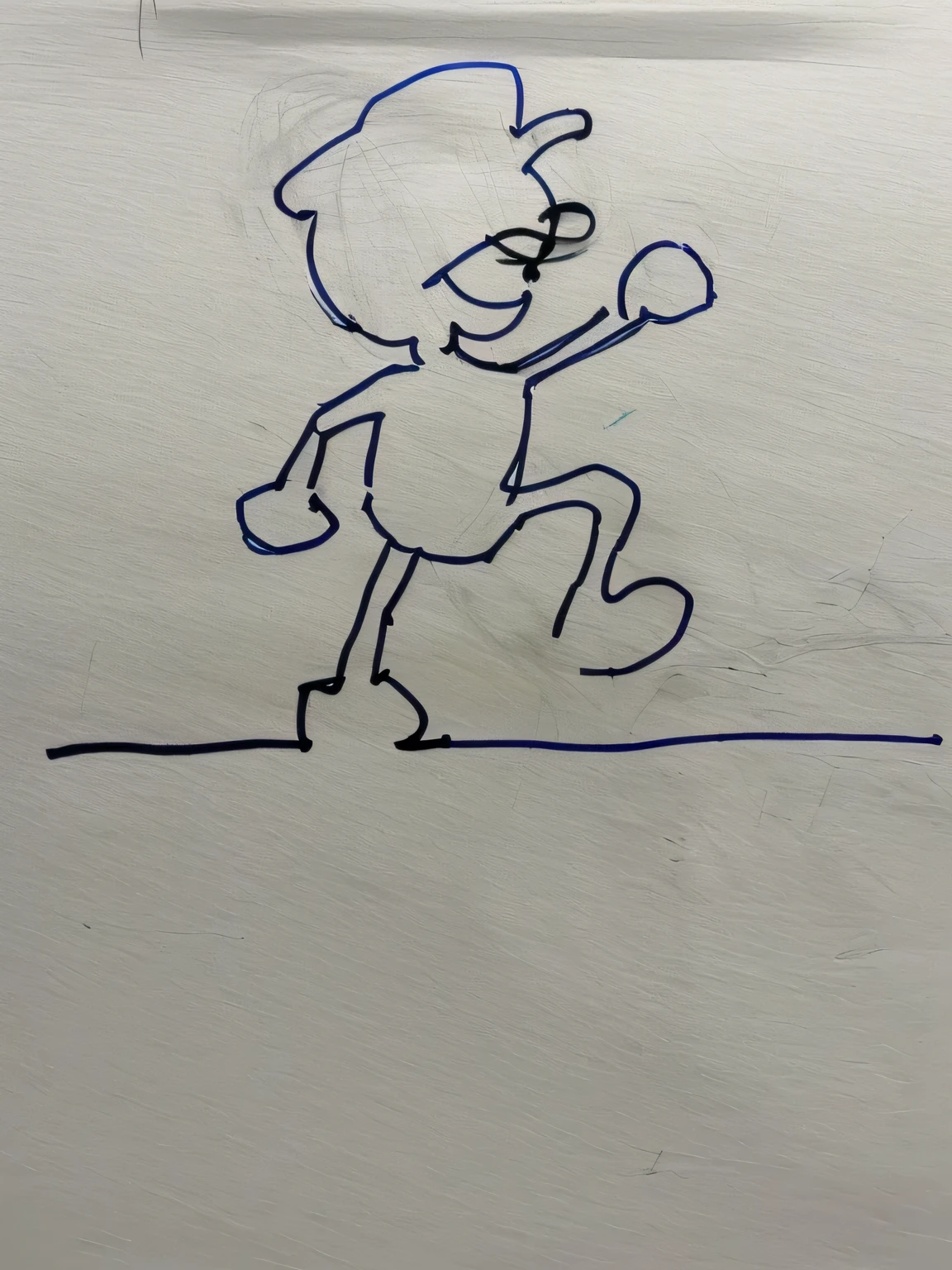 A picture of a man running with a hat on, dancing character, Stick Figures, Drawn on white parchment, Simple picture, Drawn with a single line, Poor drawing, Running pose, cartoonish and simplistic, based on child's drawing, Continuous Line Drawing, Simple cartoon,  Single line drawing, Blue yarn in one-stroke style