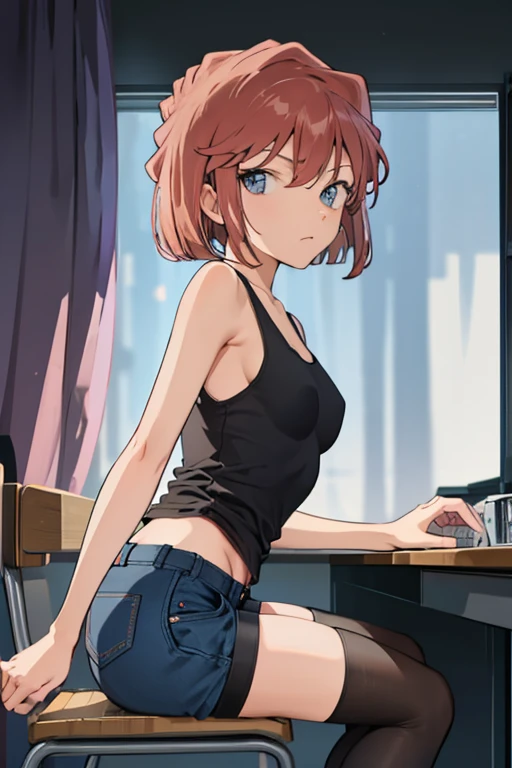 extremely detailed wallpaper,sharp focus,soft light,beautiful eyes,perfect anatomy,higher,super detailed,professional lighting,detailed beauty face,perfect limbs,highest quality,high resolution,elementary school student,140cm hig,((small breast)),((black eyes)),girl body,((embarrassing)),from side,sitting on chair,looking at computer,laboratory,(short pants,tanktop)