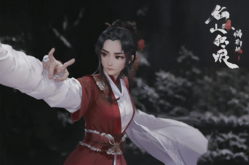 Close-up：A woman in a red dress、Lady holding a white shawl, Full body martial arts, wuxia, xianxia hero, Inspired by trees, Inspired by Zhang Yan, Inspired by Huang Ji, xianxia fantasy, Inspired by Zhan Ziqian, Inspired by Zhao Yuan, Dilraba Dilmurat