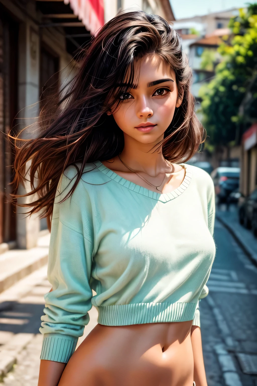 1 garota em, 19 anos, Sozinho, Cabelo longo, Colossal , olhando para o espectador, cabelo loiro, Ombros nus, olhos castanhos, joia, corpo todo, um colar, fora dos ombros, Sweaters, realista, Uma foto sexy em Kodak gold 400