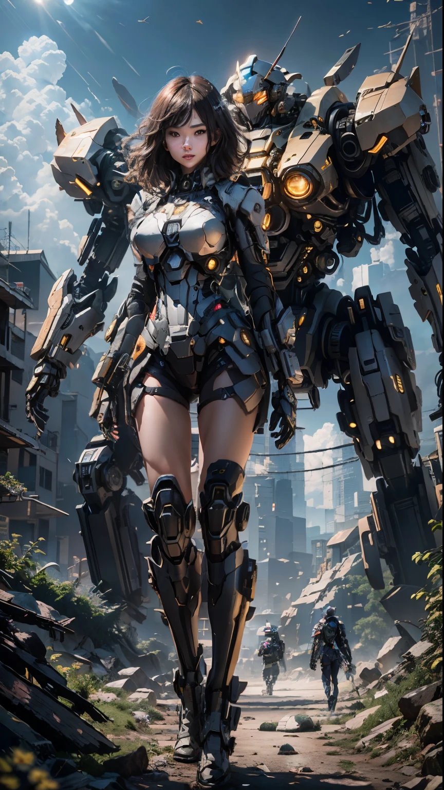 ((highest quality)), ((masterpiece)), (Very detailed:1.3), 3D, Shitmeka, In a forgotten war ruins city、Beautiful cyberpunk woman with a pink mech, Ancient Technology, High resolution (High Dynamic Range), Ray Tracing, NVIDIA, Super Resolution, Unreal 5, Scattered beneath the surface, PBR Textures, Post-processing, Anisotropic Filtering, Depth of written boundary, Maximum sharpness and sharpness, Multilayer Texture, Albedo and highlight map, Surface Shading, Accurate simulation of light-matter interactions, Perfect balance, Octane Rendering, Duotone Lighting, Low ISO, White balance, Three-part method, wide aperture, 8K RAW, Efficient Subpixel, Subpixel Convolution, Luminous Particles, Light Scattering, Tyndall effect