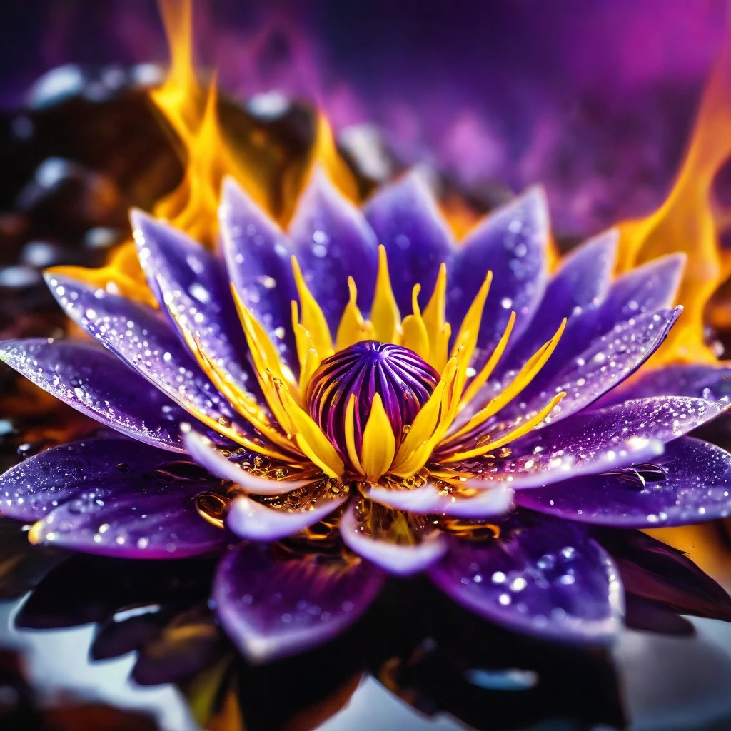 Glass purple-yellow flower morphing amidst flames, Miki Asai-inspired macro photography, sharp focus on molten edges, intricate detailing similar to Roby Dwi Antono, studio setting, trending on ArtStation, cinematic lighting, ultra fine, intricate details, highly detailed. High Resolution, High Quality, Masterpiece