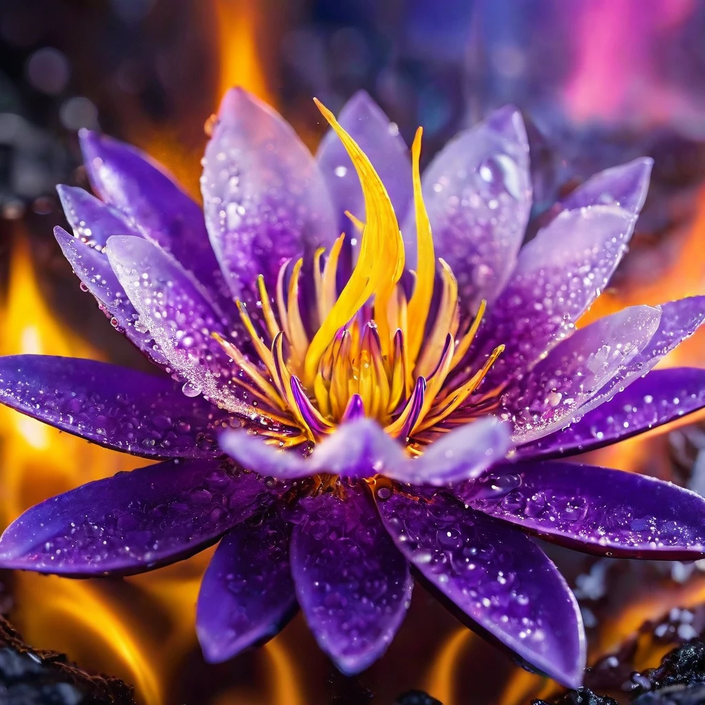 Glass purple-yellow flower morphing amidst flames, Miki Asai-inspired macro photography, sharp focus on molten edges, intricate detailing similar to Roby Dwi Antono, studio setting, trending on ArtStation, cinematic lighting, ultra fine, intricate details, highly detailed. High Resolution, High Quality, Masterpiece