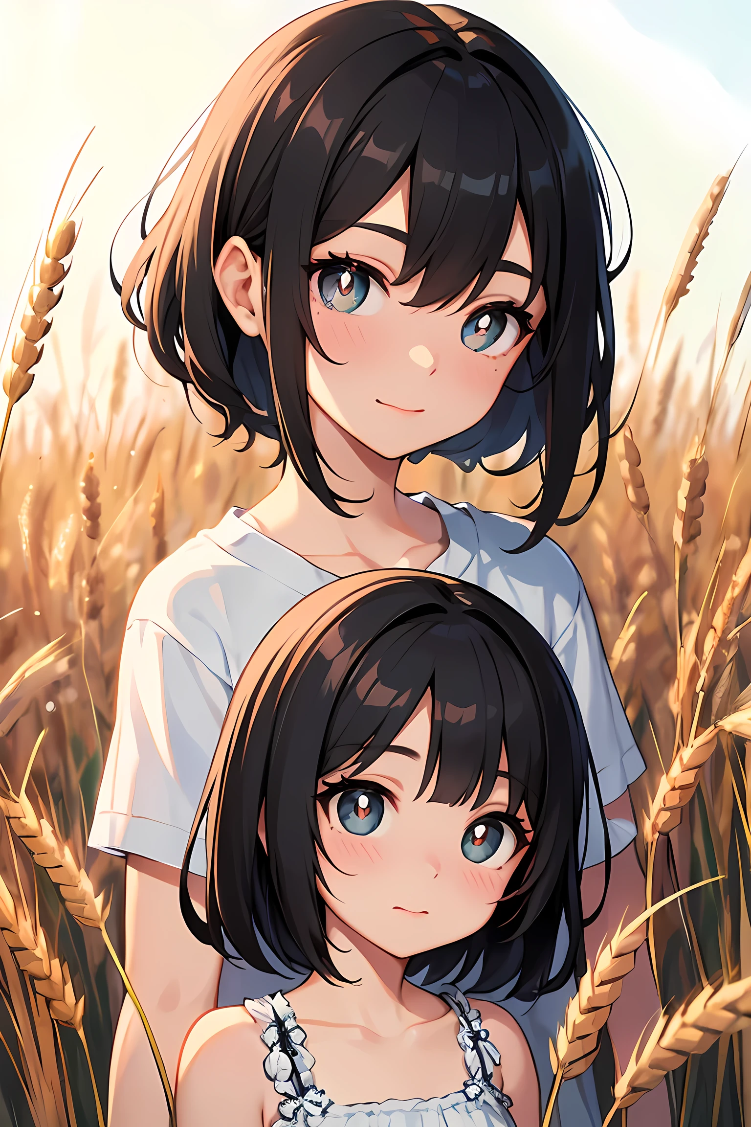 Masterpiece, best quality, Light black hair, medium length to the shoulder, wheat-colored. a dimple on the right cheek, a small, long nose, wide eyes, large, black, transparent, full pupils
