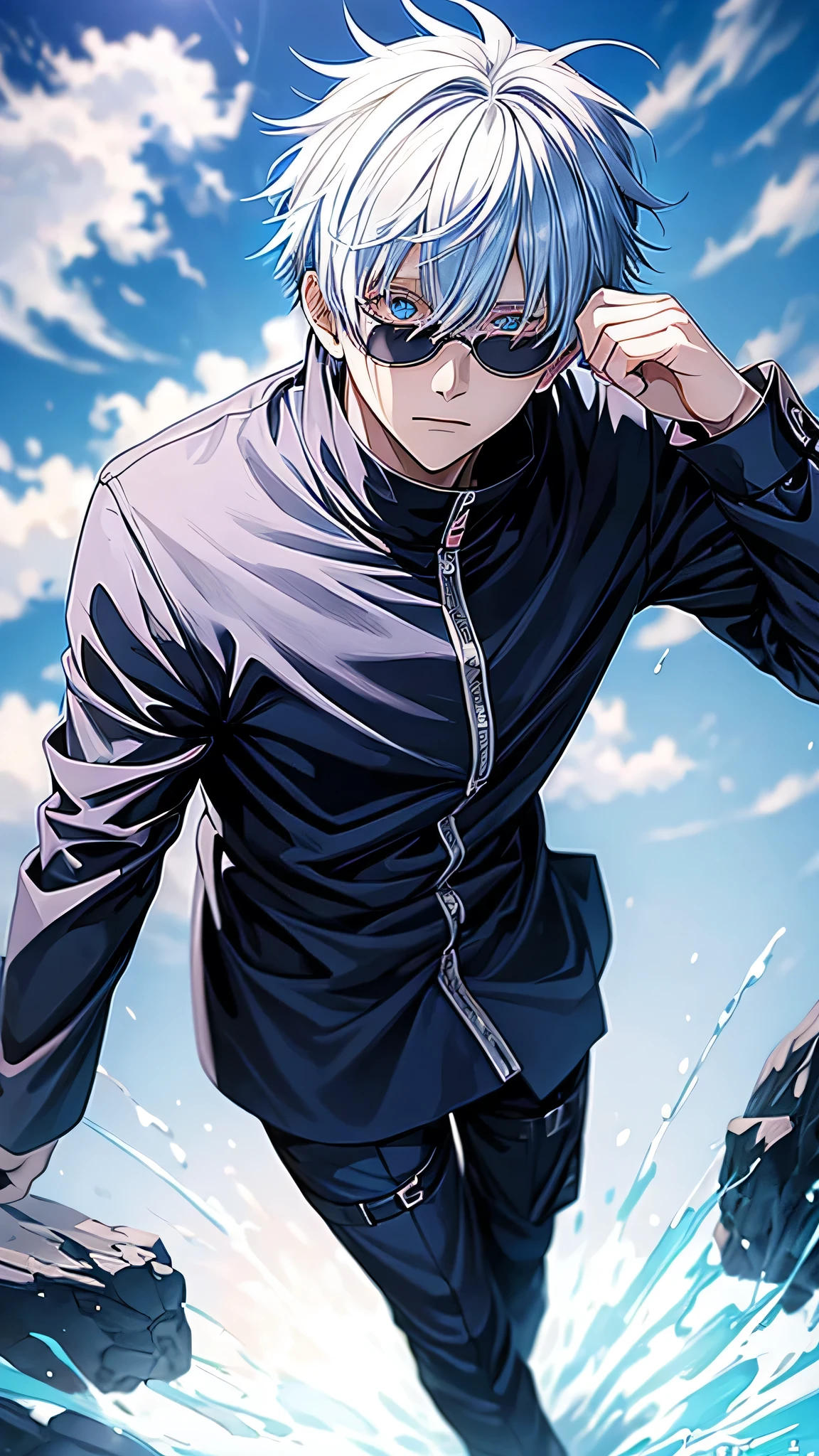 anime boy with white hair and black glasses in front of a blue sky, ken kaneki, best anime 4k konachan wallpaper, kaneki ken, trigger anime artstyle, badass anime 8 k, tall anime guy with blue eyes, 4k anime wallpaper, anime wallpaper 4k, anime wallpaper 4 k,