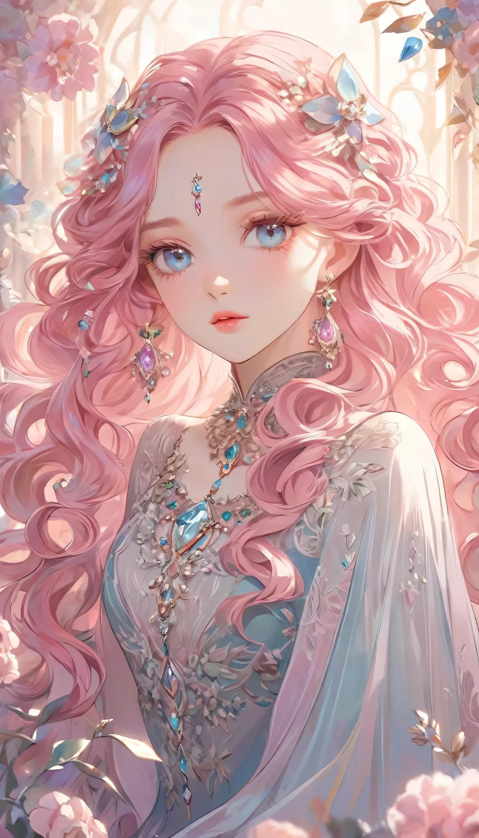 noble girl, Exquisite facial features，Pink curly hair long hair details expressed, Beautiful posture, Dreamy atmosphere, expressive brushstrokes, Mysterious atmosphere, artistic interpretation,delicate curls，Detailed Floral Jewelry, crystal diamond jewelry，Small fresh aesthetics，Stunningly intricate costumes, fantasy illustrations, subtle colors and tones
