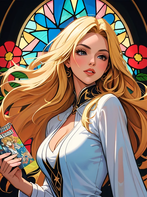 comic book style ,emily sears argentina ,beautiful woman with long hair ultra detailed, (beautiful and clear background:1.2),, fantastic paintings ,graffit style, flowers, olhos altamente detalhados , a t-shirt or dressed in a white blouse underneath, with long black hair , stained glass colored, out, vibrant, alphonse mucha style, fantastic paintings by joe madureira ,high quality, art,kelly brook beautiful woman with long blonde hair , , soul, digital illustration, comic style, perfect anatomy