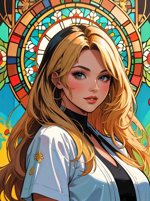 comic book style ,emily sears argentina ,beautiful woman with long hair ultra detailed, (beautiful and clear background:1.2),, fantastic paintings ,graffit style, flowers, olhos altamente detalhados , a t-shirt or dressed in a white blouse underneath, with long black hair , stained glass colored, out, vibrant, alphonse mucha style, fantastic paintings by joe madureira ,high quality, art,kelly brook beautiful woman with long blonde hair , , soul, digital illustration, comic style, perfect anatomy