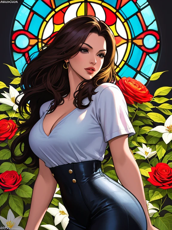 comic book style ,emily sears argentina ,beautiful woman with long hair ultra detailed, (beautiful and clear background:1.2),, fantastic paintings ,graffit style, flowers, olhos altamente detalhados , a t-shirt or dressed in a white blouse underneath, with long black hair , stained glass colored, out, vibrant, alphonse mucha style, fantastic paintings by joe madureira ,high quality, art,kelly brook beautiful woman with long blonde hair , , soul, digital illustration, comic style, perfect anatomy