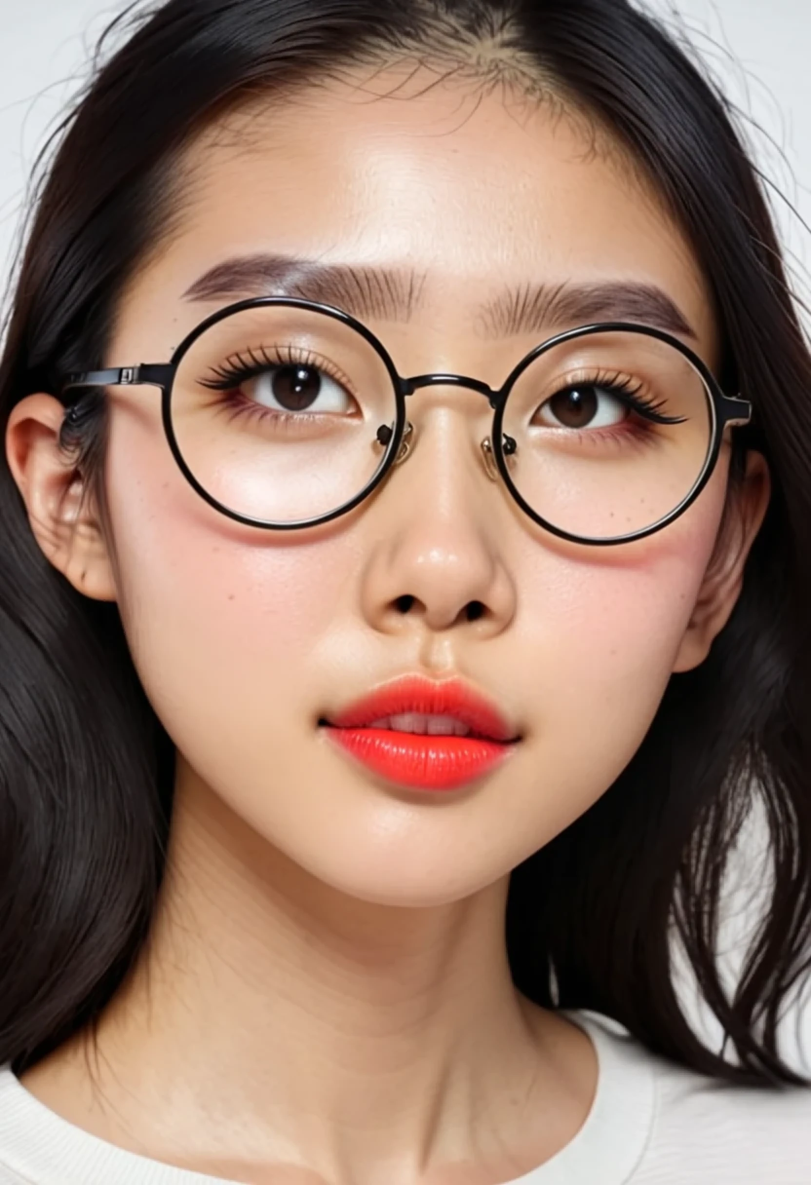 The face is of a Chinese girl wearing round glasses with black frames