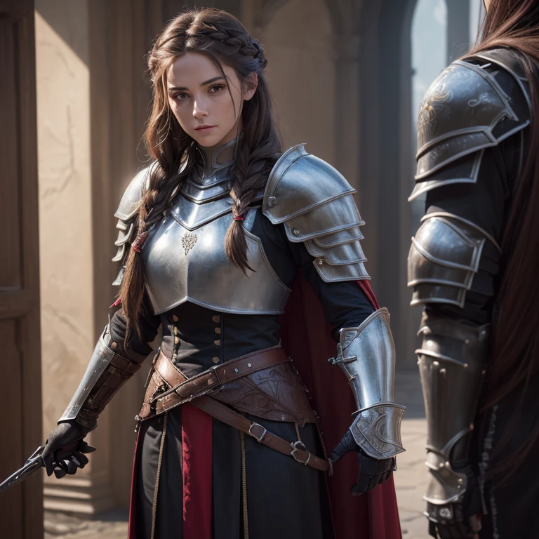 (((medium full shot))), (Masterpiece, photorealistic, photorealism, best quality, ultra-detailed:1.3), (nice hands, perfect hands), official art, cinematic light, (1girl:1.3), adult, concept art, dark theme, crusader, knight, braid, red long hair, pauldrons, full armor,gauntlets,pelvic curtain, faulds, greaves, boots,
