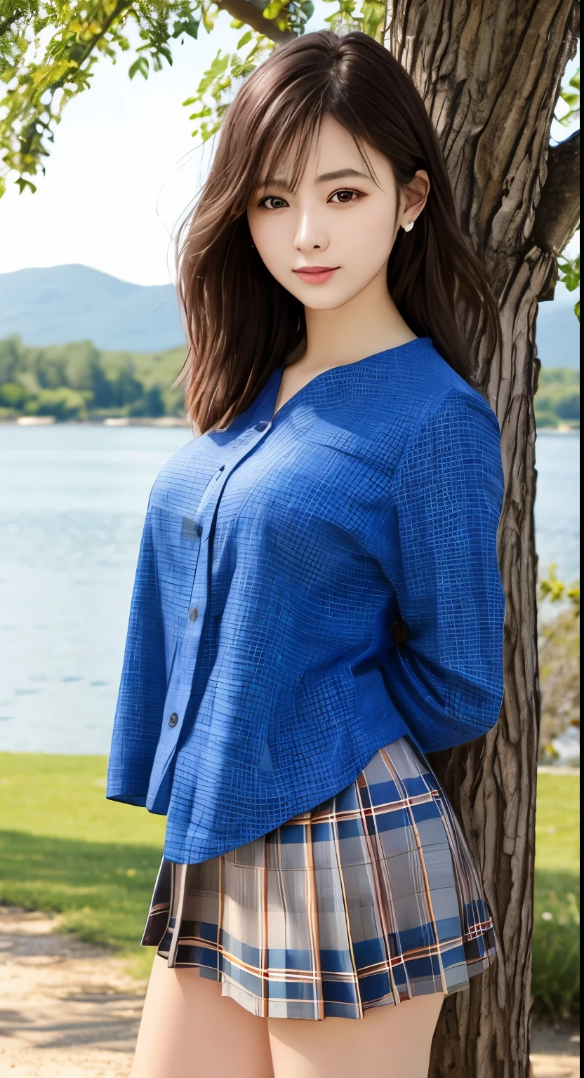 8k, Raw photo, highest quality, masterpiece:1.2), masterpiece, highest quality, figure, Very detailed, Fine details, High resolution, 8k,wallpaper, Perfect dynamic composition,(Detailed high quality, Realistic depiction of eyes:1.3)、A woman who has been and has her hands tied、Arms wrapped around his back, hands tie behind back, Leaning against a large tree on the shore of a beautiful lake、 With legs wide open、Tartan plaid pleated skirt、whole body、White 、The whole thing faces forward、21talent、Beauty、Well-formed face、Make your eyes even、Cute eyes、Beautiful black hair、Has bangedium build、Well-balanced proportions、Beautiful legs、Blue Short Sleeve Blouse、Smiling Face、Beautiful scenery、