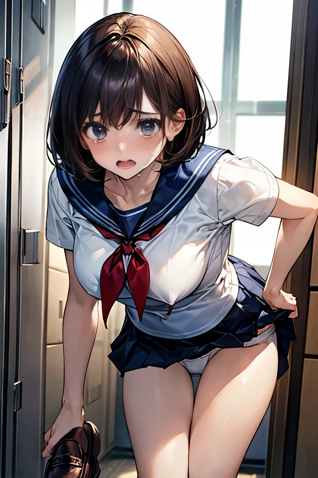 Browsing Caution,(((Perfect Anatomy, Anatomically correct, Very detailedな肌))), 1 girl, Japanese, high School girl, Shiny skin, Observe the audience, ((Back view, From below)), Beautiful Hair, Beautiful Face, Beautiful details, (short hair:1.1, Bobcut:1.2), Dark blonde hair:1, blue eyes, , Mole under the eye, Beautiful clavicle, Beautiful body, Beautiful breasts, Big Breasts:0.5, Beautiful thighs, Beautiful feet, ((Short sleeve, Cute Sailor Suit, All dark blue, Dark blue pleated skirt, Navy blue sailor collar, Sailor scarf, socks, Brown Loafers)), Captivating thighs, (Red Slave Collar), ((Embarrassing, Scared, sad, tears, cry, Half-open mouth)), Are standing, (((Leaning forward), Taking off white panties:1.8, Raise one leg, Pull on white panties:1.5)), (Beautiful views), summer, School, locker room, 8k, highest quality, Masterpiece:1.2, Very detailed), (Realistic), Beautiful illustrations, Natural light, whole body,Overflowing Sex Fluids:1.5