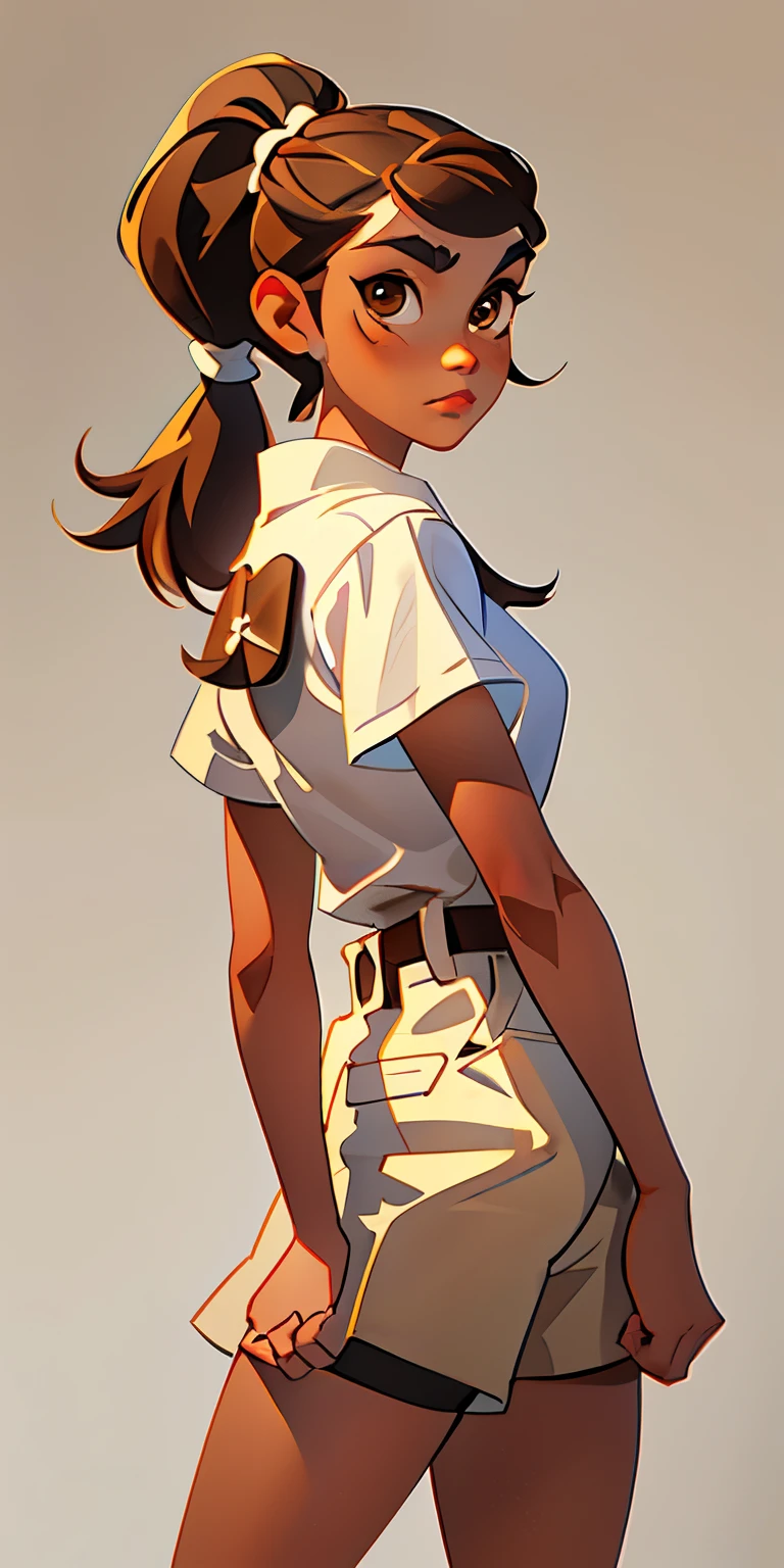 A girl with brown eyes looking at the viewer with brown hair with a beige shade of hair with 2 short ponytails with white short sleeves in a light brown skirt with a white belt and with a tattoo on her cheek in the shape of a copper paw in a brown t-shirt