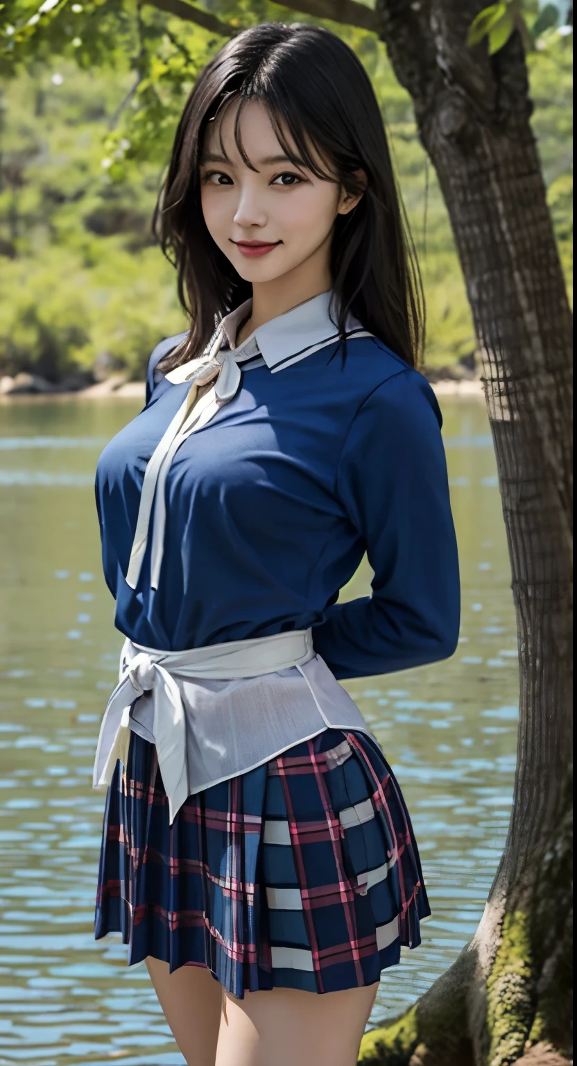 8k, Raw photo, highest quality, masterpiece:1.2), masterpiece, highest quality, figure, Very detailed, Fine details, High resolution, 8k,wallpaper, Perfect dynamic composition,(Detailed high quality, Realistic depiction of eyes:1.3)、A woman who has been and has her hands tied、Arms wrapped around his back, hands tie behind back, Leaning against a large tree on the shore of a beautiful lake、 With legs wide open、Tartan plaid pleated skirt、whole body、White panties、The whole thing faces forward、21talent、Beauty、Well-formed face、Make your eyes even、Cute eyes、Beautiful black hair、Has bangedium build、Well-balanced proportions、Beautiful legs、Blue Short Sleeve Blouse、Smiling Face、Beautiful scenery、