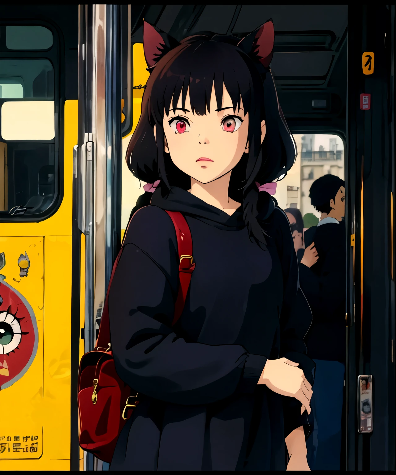 junkotvv (cabello largo color negro con orejas de gato y (ojos rojos)), de pie, mirando al espectador, lluvia, de pie on bus sign, estilo ghibli