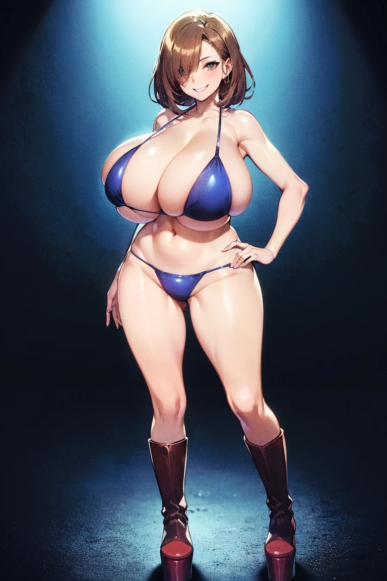 (High resolution, highest quality:1.2), (40yo:1.8), smiling, straight eyes, (pigeon toed:1), anime-style illustration of a milf  with gigantic breasts, brown hair covering one eye, wearing a metallic bikini and platform boots. She is standing in a dark room filled with darkness. A devilish smile is on her face. In the background.