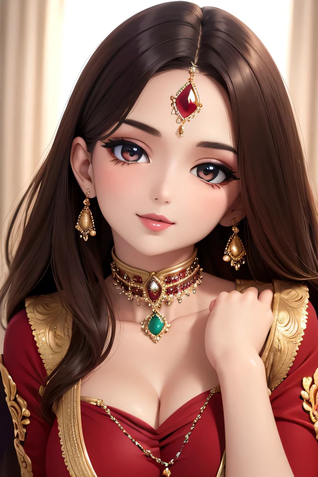 (best quality, 4k, 8k, highres, masterpiece:1.2), ultra-detailed, realistic:1.37, professional, stunning red saree, beautiful face and eyes, luscious long hair, graceful pose, vibrant colors, portrait, Indian beauty, detailed fabric folds, alluring expression, soft and natural lighting, rich textures, intricate jewelry, mesmerizing gaze, captivating smile, flawless skin, elegant makeup, confident and empowering, traditional yet modern, exuding charm and glamour.