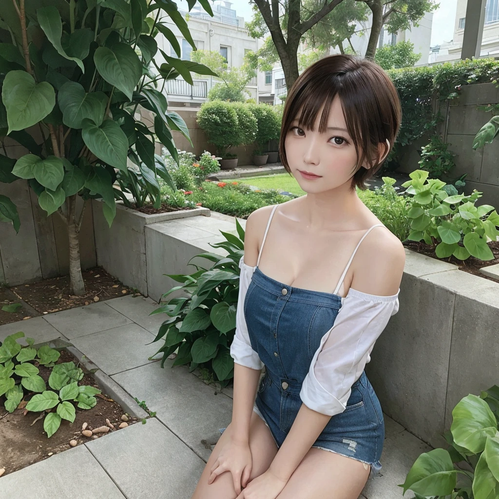 Beautiful woman with short hair ,garden ,alone