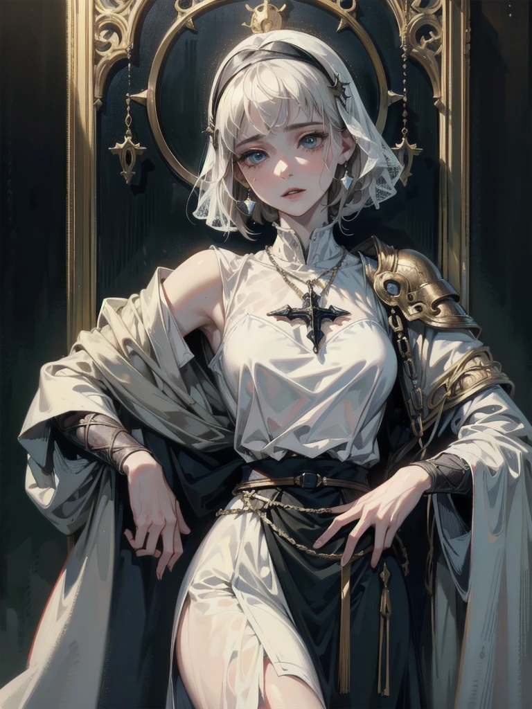 whole body, Joan of Arc, absurdres, RAW photo, extremely delicate and beautiful, masterpiece, Best Quality, ultra high resolution, 32k, hyperrealistic, ultra-detailed, perfect figure, detailed description, pale skin, 20 years old, detailed beautiful face and eyes, tearful mole, earring, short medium hair, wavy hair,