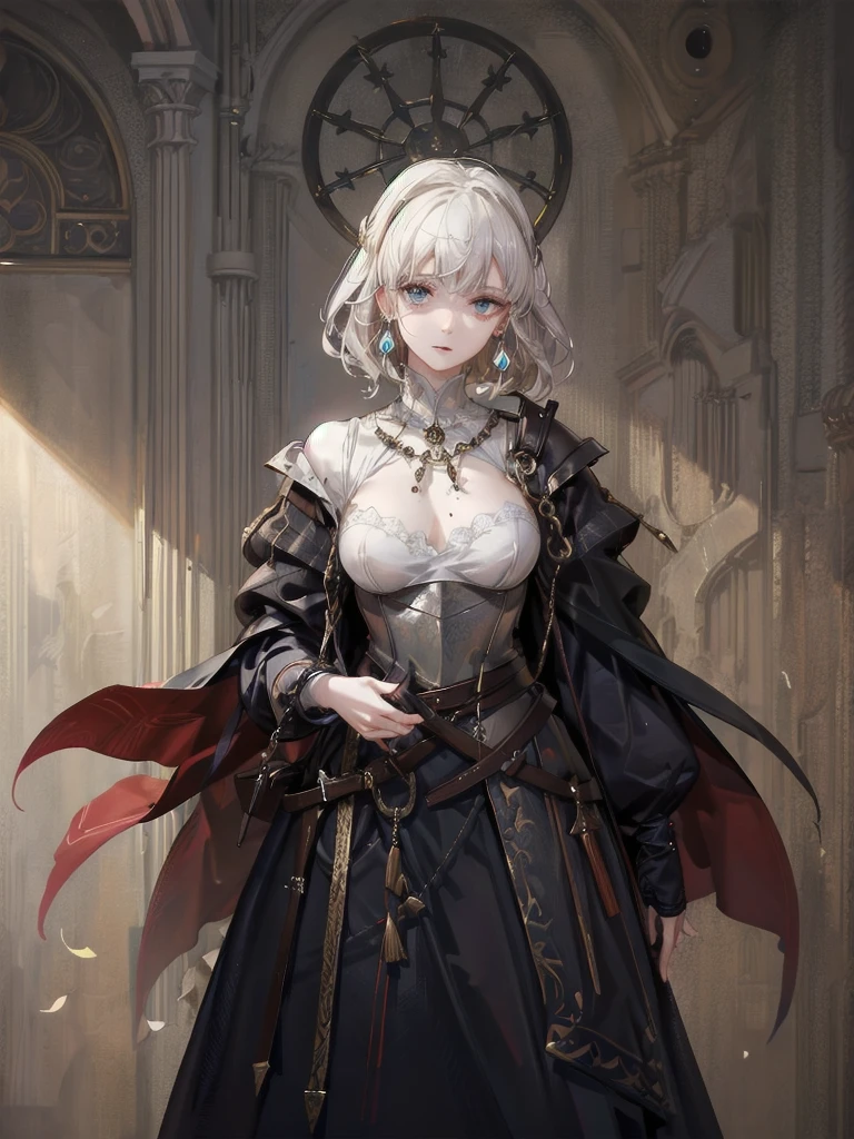 whole body, Joan of Arc, absurdres, RAW photo, extremely delicate and beautiful, masterpiece, Best Quality, ultra high resolution, 32k, hyperrealistic, ultra-detailed, perfect figure, detailed description, pale skin, 20 years old, detailed beautiful face and eyes, tearful mole, earring, short medium hair, wavy hair,