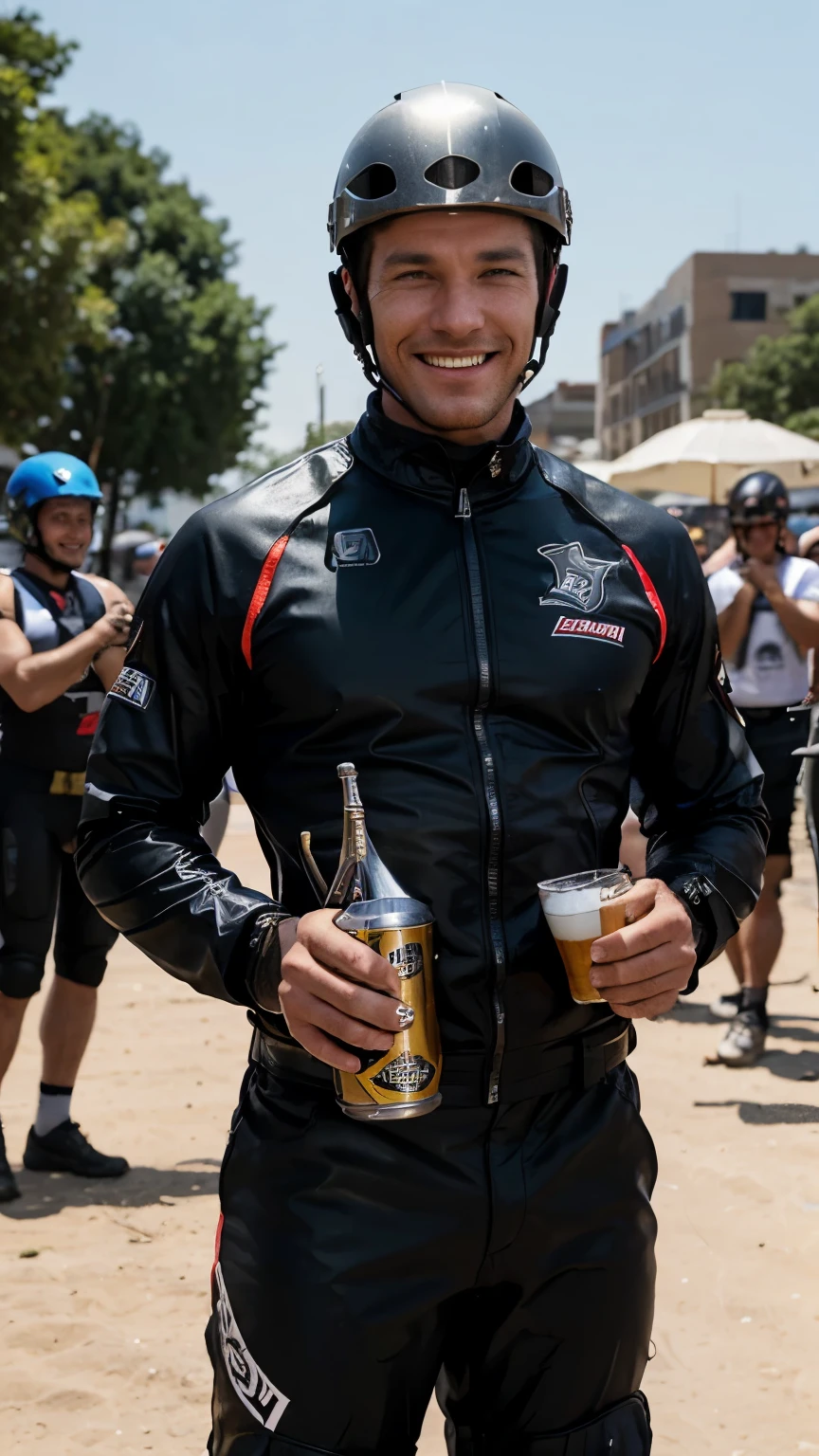 A man in a striking stuntman outfit with helmet and protective clothing stands in front of a crowd. He holds a beer can in his hand and smiles confidently.