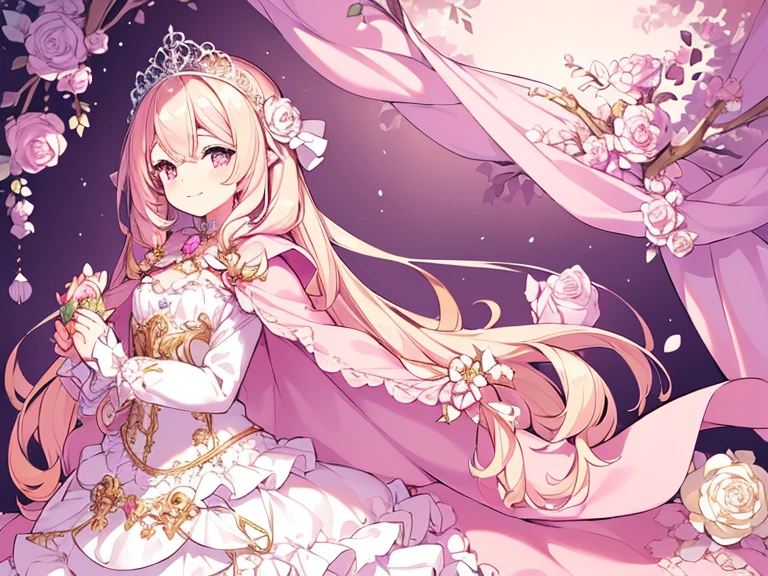 (kawaii),(best quality),(ultra detailed),(rococo style),(long train pastel pink cape:1.15), very long cape,(long train white ball gown with flower decorations:1.1), a girl is wearing a cape over her gown, 1 little princess, tiara, smile, very long hair, small breasts, beautiful detailed eyes, beautiful detailed lips, looking at viewer