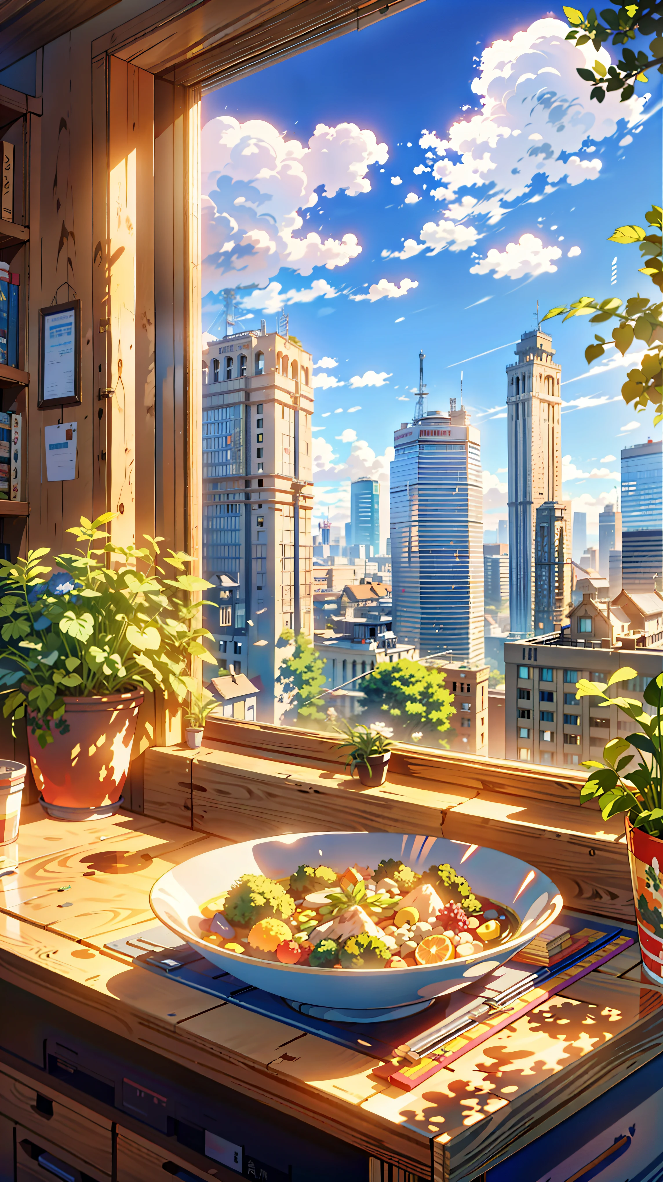 a painting of a bowl of food sitting on a counter in front of a window, hd anime cityscape, anime scenery, anime style cityscape, screenshot from a 2012s anime, cgsociety 9, anime scenery concept art, rio de janeiro in an anime film, still from anime, anime landscape, clean anime art, anime atmospheric, smooth anime cg art, anime background art, anime aesthetic, anime. by makoto shinkai, hd anime cityscape, anime scenery concept art, anime scenery, style of makoto shinkai, makoto shinkai art style, anime. by makoto shinkai, by Makoto Shinkai, by makoto shinkai, anime scenery, kyoto animation, 4k hd,, beautiful art uhd 4 k, a beautiful artwork illustration, beautiful digital painting, highly detailed digital painting, beautiful digital artwork, detailed painting 4 k, very detailed digital painting, rich picturesque colors, gorgeous digital painting, saturated, no human
