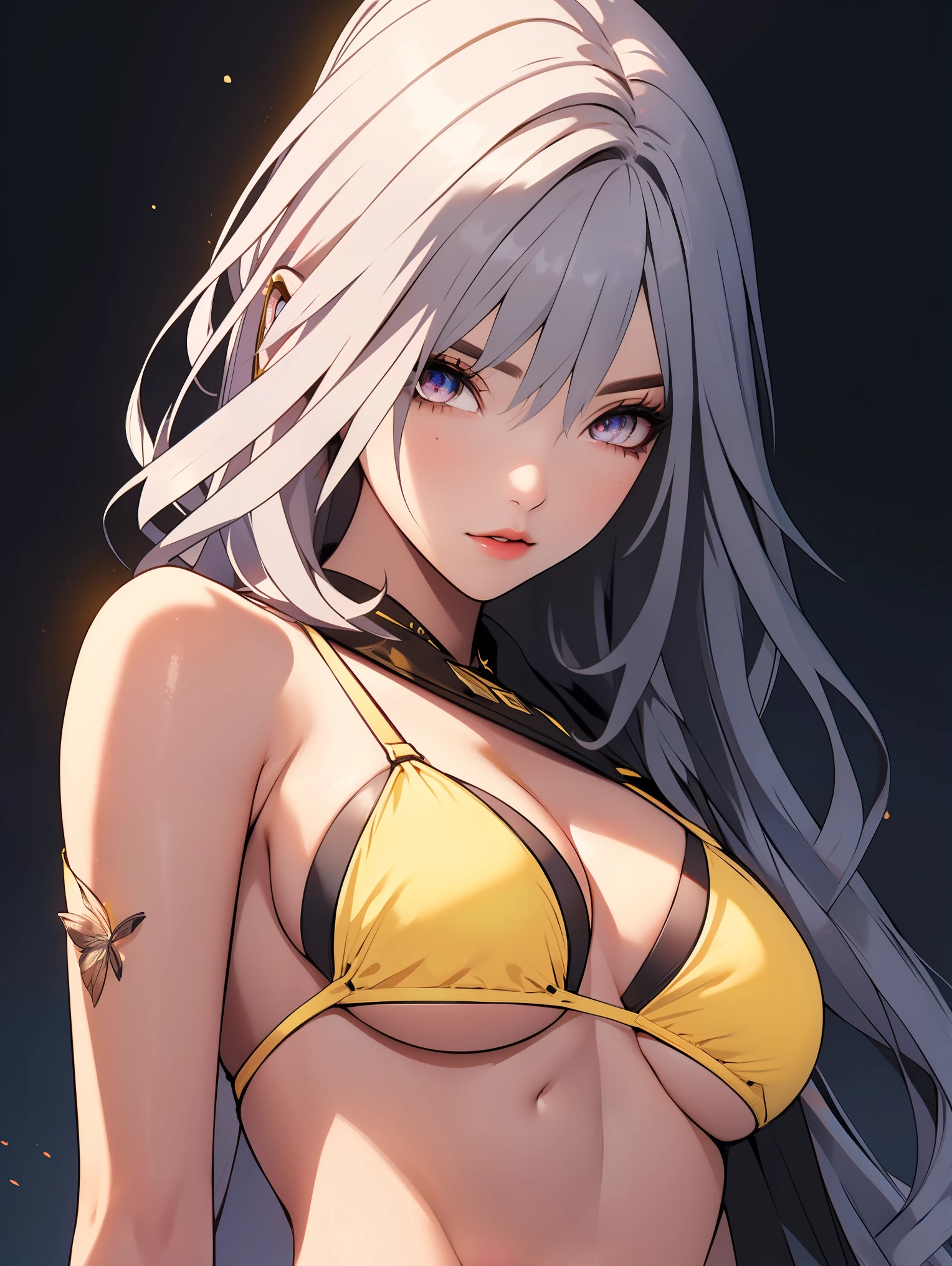 SkirkGI, red eyes, long hair, white hair, blue hair, hair ornament,
BREAK ((yellow bikini:1.5))
BREAK view from below, morning city, street,
BREAK (masterpiece:1.2), best quality, high resolution, unity 8k wallpaper, (illustration:0.8), (beautiful detailed eyes:1.6), extremely detailed face, perfect lighting, extremely detailed CG, (perfect hands, perfect anatomy),