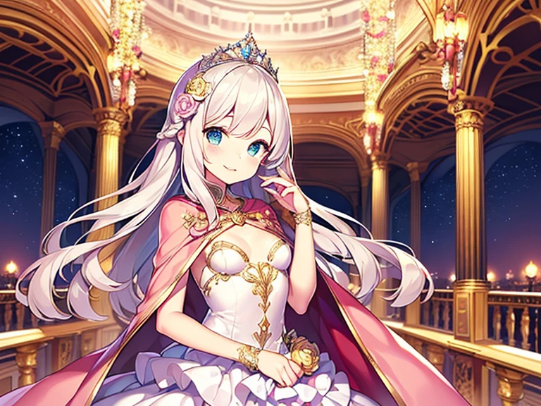 (kawaii),(best quality),(ultra detailed),(rococo style),(long train pastel pink cape:1.15), very long cape,(long train white ball gown with flower decorations:1.1), a girl is wearing a cape over her gown, 1 little princess, tiara, smile, very long hair, small breasts, beautiful detailed eyes, beautiful detailed lips, looking at viewer