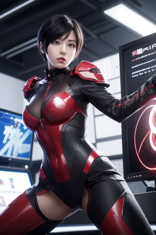 High resolution、8k、Digital Cyberpunk Art、Black short-cut hair、Shiny、(Wearing a red powered suit with white LED lights)、(Stand in front of many monitors)、Japanese Girls、(fighting stance)