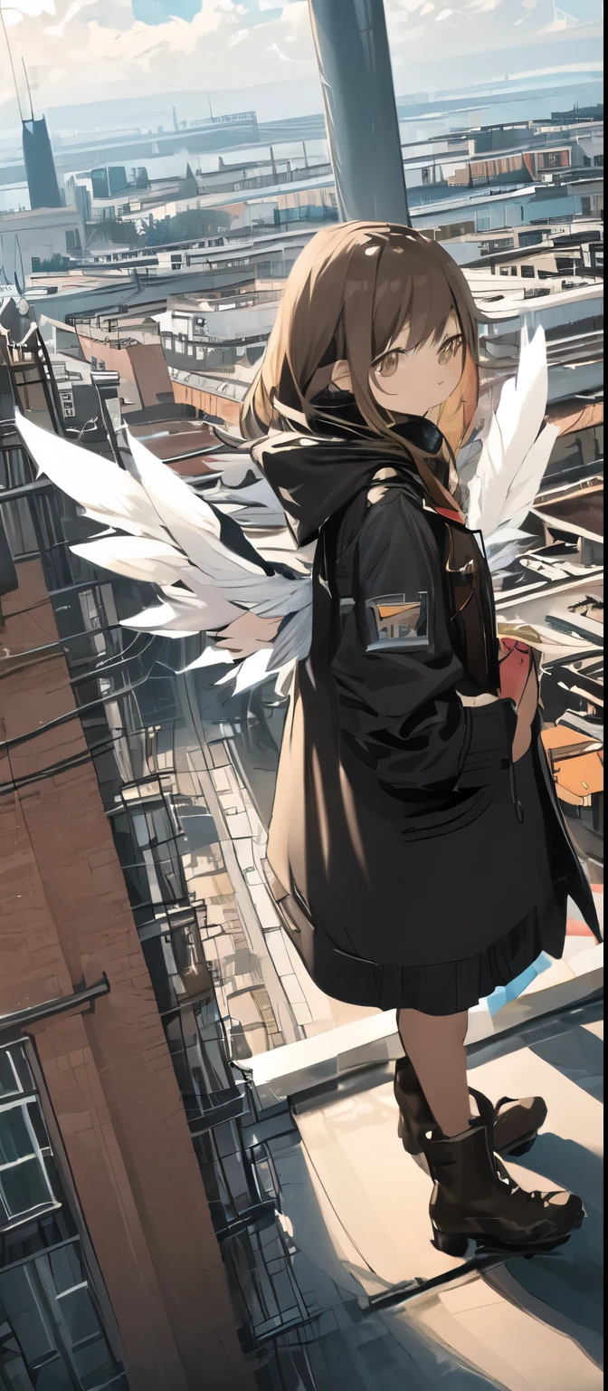 (masterpiece, highest quality),From above , One girl, alone, (Wings with feathers:1.2), signboard, Brown eyes, Brown Hair, building, city, cloudy null, coat, boots, crane \(mechanical\), Dutch Angle, From the side, Slight frown, View Viewer, Outdoor, rooftop, null, nullscraper