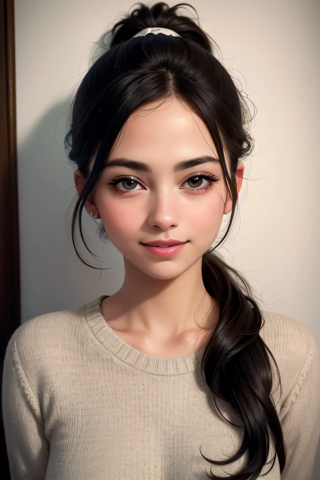 (best quality,highres,masterpiece:1.2),ultra-detailed,(realistic,photorealistic,photo-realistic:1.37),portraits,vivid colors,beautiful detailed eyes,beautiful detailed lips,elegant pose,dark green sweater,cream cargo pants,long black hair,cute ponytail,soft lips,blushing intensely,smiling, seductive gaze,medium chest,perfect body,shadows and highlights,vibrant lighting