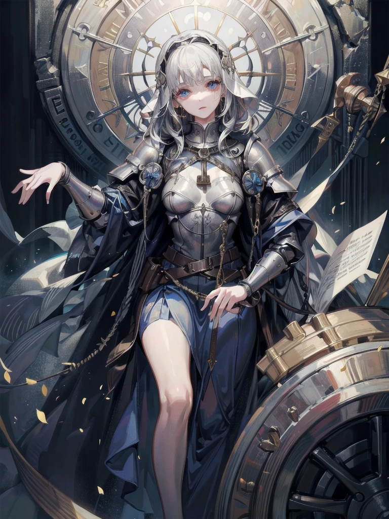 whole body, Joan of Arc, absurdres, RAW photo, extremely delicate and beautiful, masterpiece, Best Quality, ultra high resolution, 32k, hyperrealistic, ultra-detailed, perfect figure, detailed description, pale skin, 20 years old, detailed beautiful face and eyes, tearful mole, earring, short medium hair, wavy hair,
