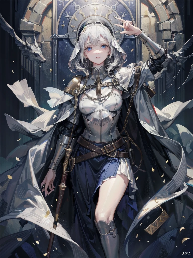 whole body, Joan of Arc, absurdres, RAW photo, extremely delicate and beautiful, masterpiece, Best Quality, ultra high resolution, 32k, hyperrealistic, ultra-detailed, perfect figure, detailed description, pale skin, 20 years old, detailed beautiful face and eyes, tearful mole, earring, short medium hair, wavy hair,