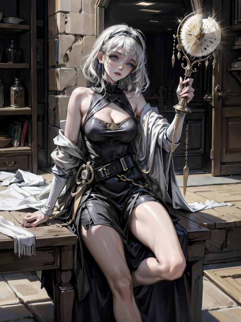 whole body, Anime character, ((against the backdrop of alchemist room)), traditional witch outfit, absurdres, RAW photo, extremely delicate and beautiful, masterpiece, Best Quality, ultra high resolution, 32k, hyperrealistic, ultra-detailed, perfect figure, perfect shape, detailed description, pale skin, 20 years old, detailed beautiful face and eyes, tearful mole, earring, short medium hair, wavy hair,