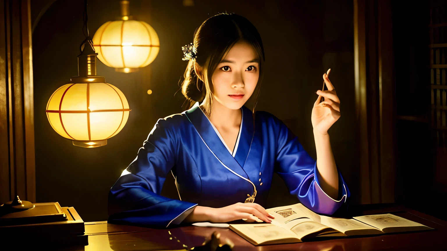 a beautiful young Japanese fortune teller woman with a mysterious aura, wearing old-fashioned clothes, sitting at a table in an ancient mansion. She is prominently spreading tarot cards on the table. The scene is dimly lit with a lamp casting eerie shadows.