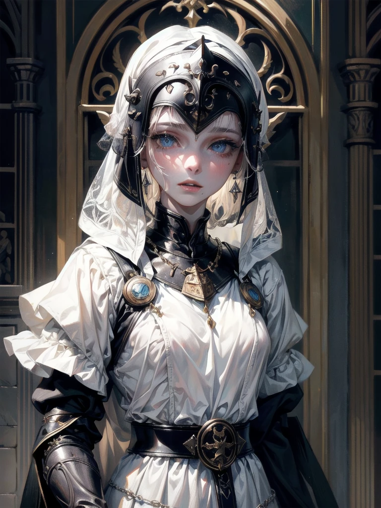 whole body, Joan of Arc, absurdres, RAW photo, extremely delicate and beautiful, masterpiece, Best Quality, ultra high resolution, 32k, hyperrealistic, ultra-detailed, perfect figure, detailed description, pale skin, 20 years old, detailed beautiful face and eyes, tearful mole, earring, short medium hair, wavy hair,