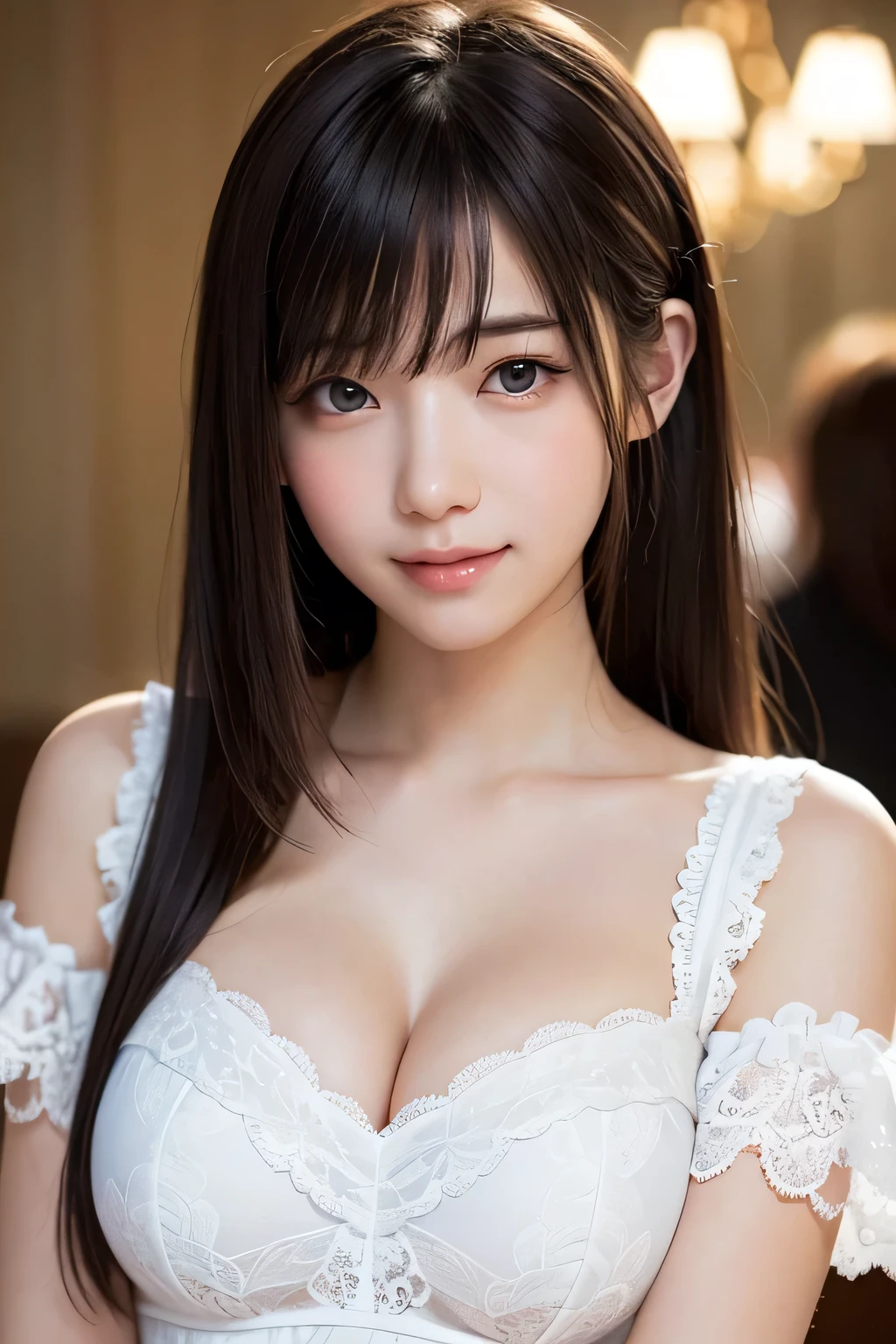 brightexpression、photorealistic stick:1.32、highest quality、超A high resolution、Photos of the most beautiful Japan girls、cute and beautiful face details、small face、(Pueros face_V1:0.008)、Beautiful bangs、、Brilliant white skin、hair gets tangled in face、Bangs that reach down to the face、bangs、hair between eyes、super long hair、charming brown silky hair、bright、Clear light blue eyes shine charmingly、ample breasts、Dynamic poses highest quality、disorganized、((the cutest girl in the world))、Japanese、14 years oldlace dress:1.3))、(half up hair:1.3)、(tie with a thin ribbon)、nice and cute、innocent smile、nice smile、cleavage、(big breasts:1.3)、ponytail、brown hair、thin waist、detailed beautiful eyes、face forward、Upper body、close up of face、Front view、