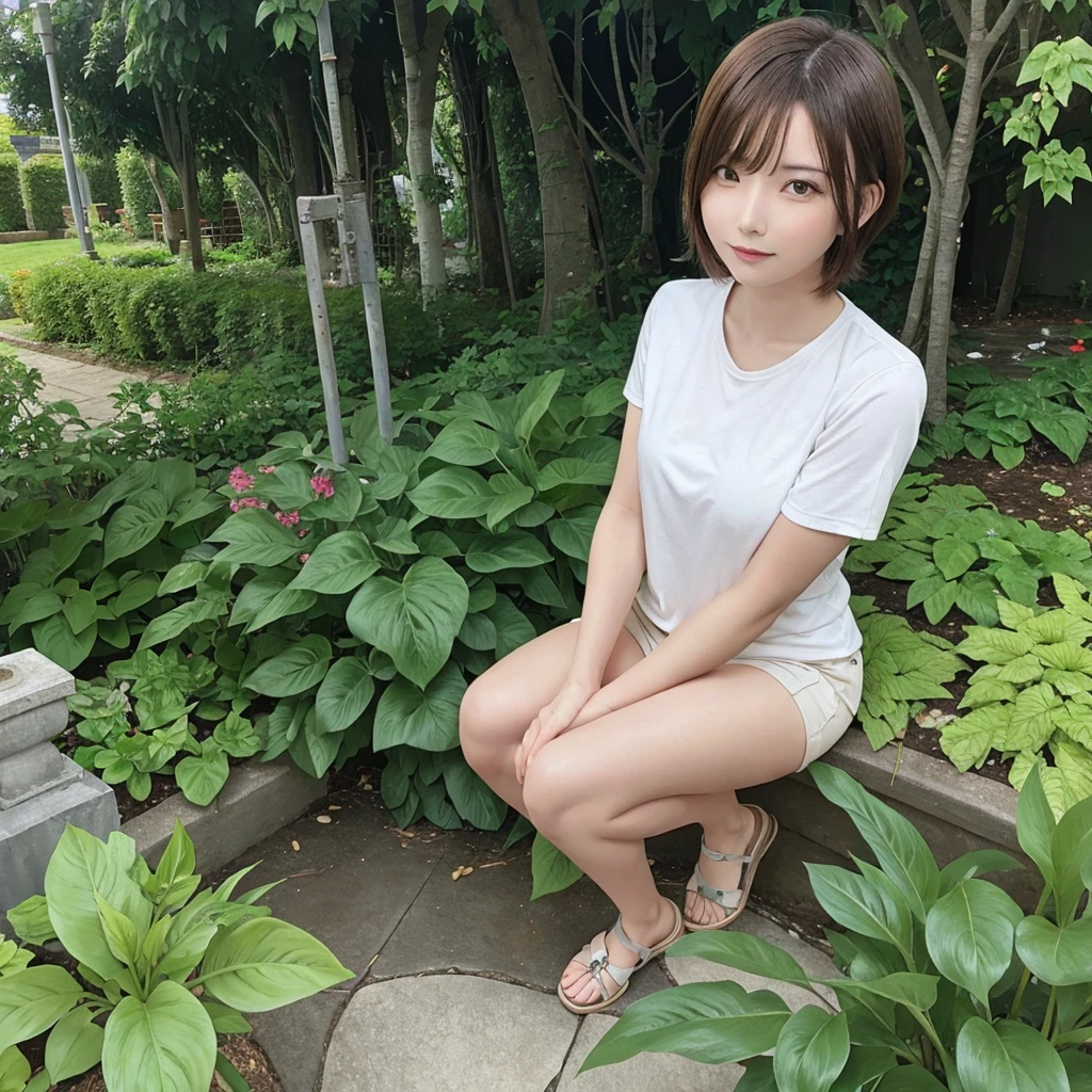 Beautiful woman with short hair ,garden ,alone