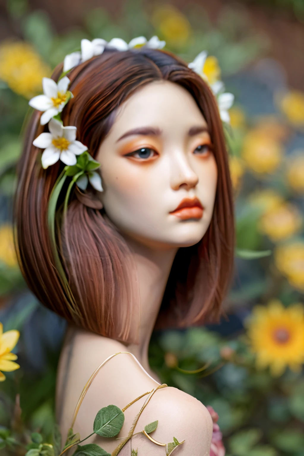 Slavic goddess of sewing with loose hair, a wreath of flowers on her head,face closeup,realistic —ar 9:16 —style raw —v 6