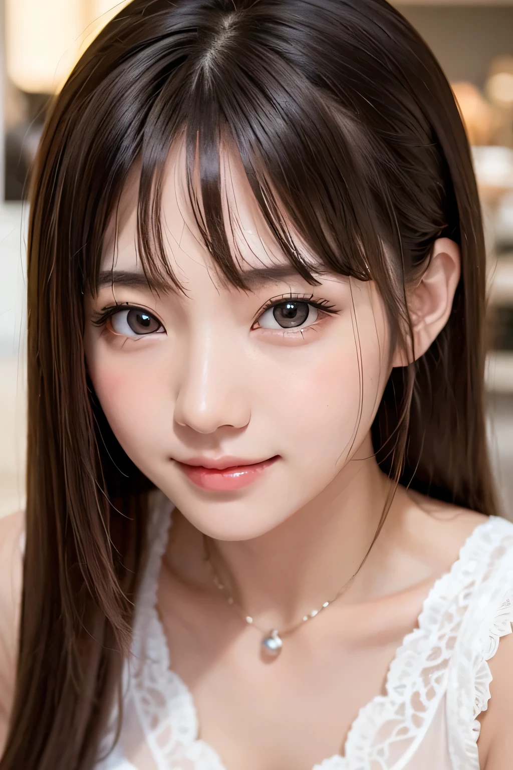 brightexpression、photorealistic stick:1.32、highest quality、超A high resolution、Photos of the most beautiful Japan girls、cute and beautiful face details、small face、(Pueros face_V1:0.008)、Beautiful bangs、14 years old、Brilliant white skin、hair gets tangled in face、Bangs that reach down to the face、bangs、hair between eyes、super long hair、charming brown silky hair、bright、Clear light blue eyes shine charmingly、ample breasts、Dynamic poses highest quality、disorganized、((the cutest girl in the world))、Japanese、14 years oldの女の子、Cafe、((lace dress:1.3))、(half up hair:1.3)、(tie with a thin ribbon)、nice and cute、innocent smile、nice smile、cleavage、(big breasts:1.3)、ponytail、brown hair、thin waist、detailed beautiful eyes、face forward、Upper body、close up of face、Front view、